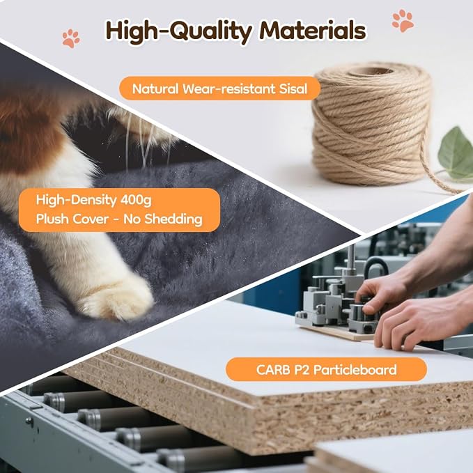 Taoqimiao 53.5in Cat Tree, Heavy Duty Sturdy Cat Tower for Indoor Cats S20G | Easy assembly, Extra Wide Base, Multi-level, 6 Scratching Posts, 2-Post Supported Baskets, Cozy Cave, 2 Perches, Smoke Gray