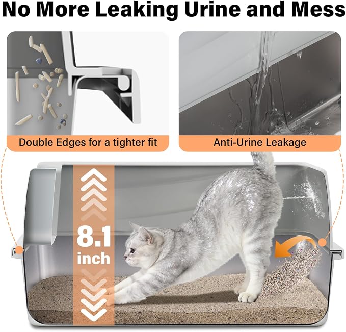 Stainless Steel Litter Box with Lid,Low Entry Cat Litter Box | Metal Kitty Litter Box for Small to Medium Cats,Non-Stick,Anti-Leakage,Easy to Clean,Include Scoop and Mat