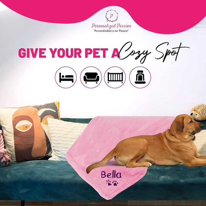 Personalized Passion Dog Blanket with Embroidered Name and Paws - Soft, Comfortable and Cozy for Couch, Bed, Car - Water Resistant Pet Fleece Blanket for Dogs and Cats - Pink - 28x40 Inches