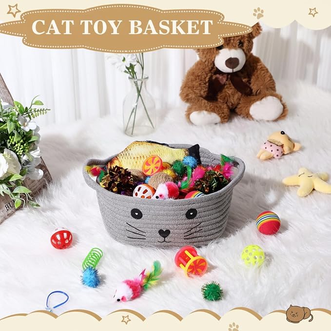 Zopeal 58 Pcs Summer Cat Storage Basket Gift Toys Set, Colorful Flashing Balls Pet Bell Crinkle Balls Spring Toys Attract Cat to Swat, Hunt, Interactive for Pet(Grey,9.8 Inch)
