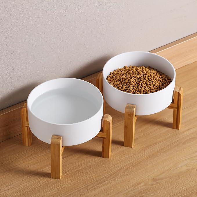 Elevated/Raised Ceramic Dog Bowl Stand for Medium Large Breed,Dog Food Water Dish Holder Weighted,8 in Wide Non Slip Modern Cute Porcelain Pet Bowl Stand