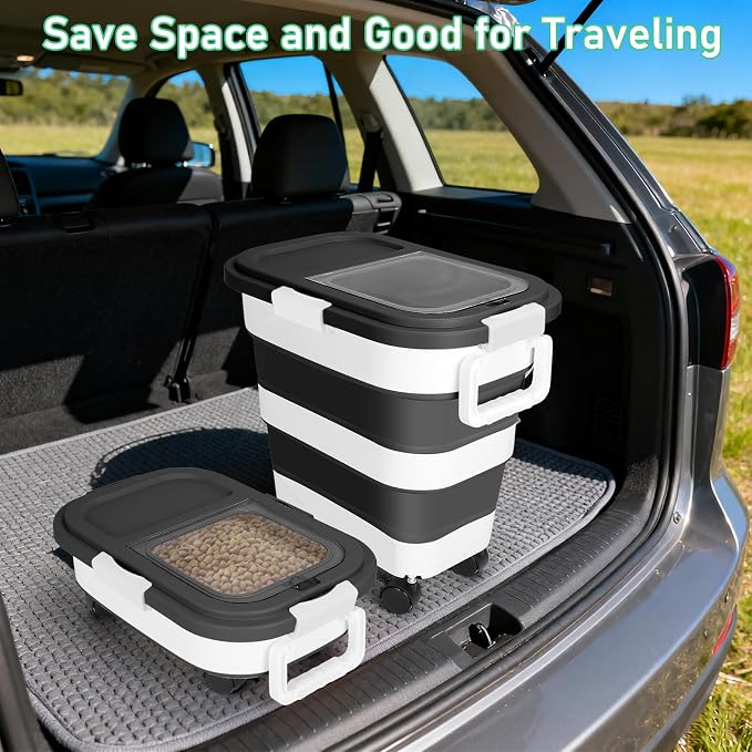 Dog Food Storage Container with Rolling Wheel and Airtight Lid, Black, 30LB | Foldable Food Storage Bins with Snap-Lid Seal to Keep Kibble, Pellets or Seeds Fresh for Dogs, Cats and Birds