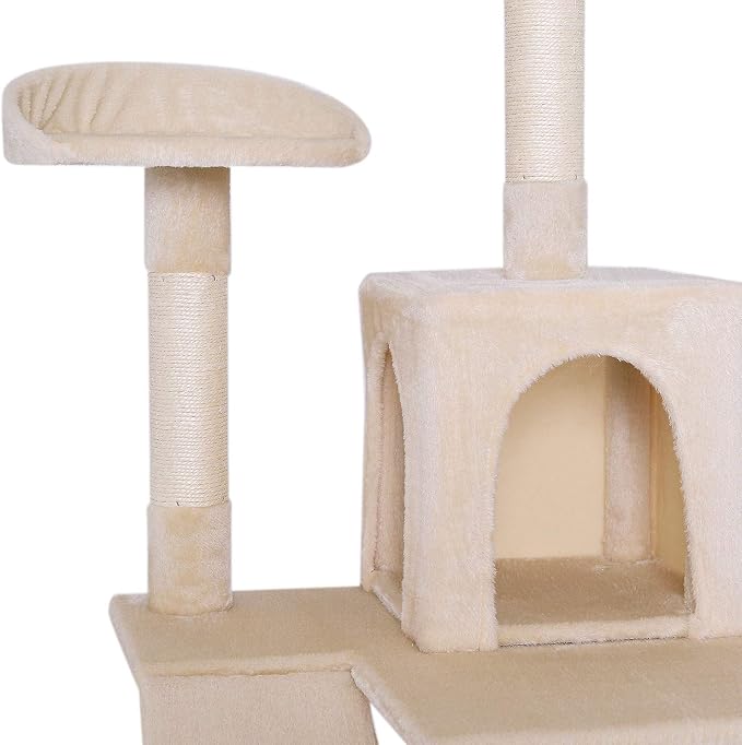 lionto Scratching Tree for Cats with Hammock & Tunnel, Height 52,4 in, cat Tree with sisal Rope & Soft Plush, Cozy Lying Areas & Caves, Suitable for Small & Large Cats, Beige