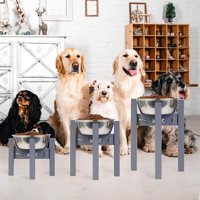 Elevated Dog Bowl Stand Adjustable Dog Food Holder 7”H Small Grey | 7” Elevated Dog Bowl Stand, Small Dogs, Adjustable, Fits 6”-8” Bowls, Single Bowl Holder, Natural Bamboo, Classic Grey