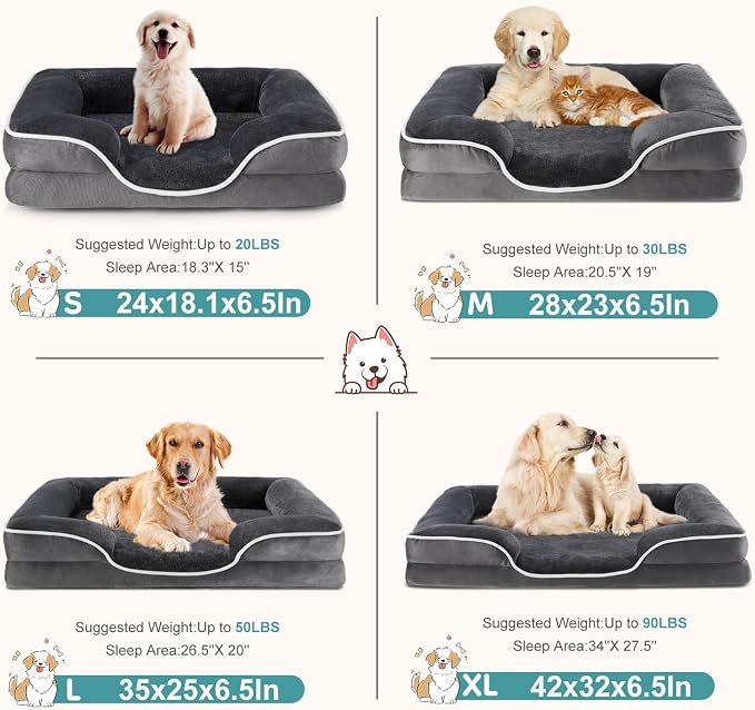 DUMOS Orthopedic Dog Beds for Large Sized Dogs, 42x32 in Machine Washable Cover Pet Bed, Anti-Slip Waterproof Memory Foam Couch Bed for Indoor Dogs and Cats, Grey