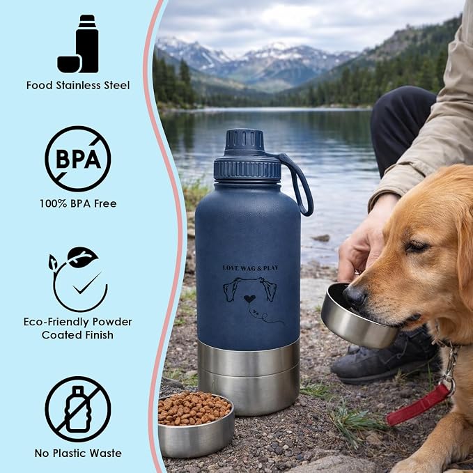Love Wag & Play Dog Water Bottle with Food Bowls, Portable Stainless Steel Bottle for Dogs, Leakproof Travel Design with Detachable Bowls for Walks, Hikes and Outdoor Adventures (32 oz)