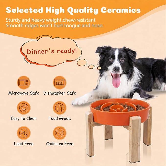Elevated Slow Feeder Dog Bowl Large Breed, 8.8 Inch Ceramic Slow Eating Bowl with Bamboo Stand, Anti-Choking Raised Maze Design for Medium to Large Dogs, 3.2 Cup, Orange