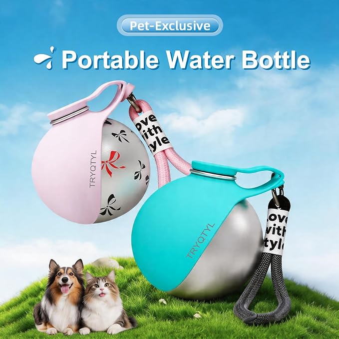 Dog Water Bottle, 10oz Stainless Steel Portable Dog Water Bottle with Foldable Silicone Bowl, 2-in-1 Portable Dog Water Bowl for Water & Food, Water Dispenser for Dogs Walking (Blue)