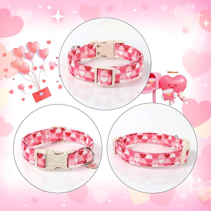 Valentines Dog Collar for Medium Dogs - Cute Valentine Pink Hearts Girl Dog Collars, Adjustable Girly Puppy Collar with Quick Release Buckle for Female Dogs M