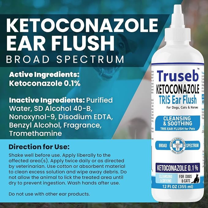 Truseb Cat & Dog Ear Infection Treatment Solution – Medicated Ketoconazole 1% TRIS with Trizmax EDTA (Tromethamine USP, Disodium Edta) – Soothes Itchy & Inflamed Ears, Cleans Debris and Buildup(12 oz)