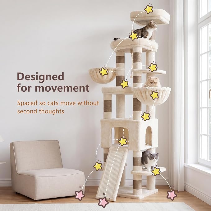 Heybly Cat Tree, 82.7″ Extra Tall Cat Tower for Large Cats Adult HCT063MJ | Giant Cat Condo with Multi-Level Platforms, 2 Baskets, Spacious Cat Cave, Wide Sisal Scratching Board, Beige