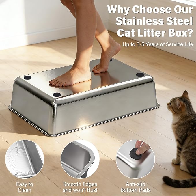 Stainless Steel Litter Box with Lid, XL Large Enclosed Cat Litter Box | Metal Cat Litter Box for Big Cats with High Sided,Anti-Leakage,Front & Top Entry,Includes Mat & Scoop