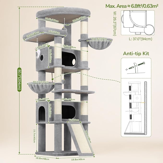 Globlazer 80in Tall Extra Large Heavy Duty Corner Cat Tree Tower, S80C | Sturdy Big Cat Tower for Indoor Cats Large Adult with Scratching Post, 2 Spacious Condos with Padding, 2 Perches, Light Grey