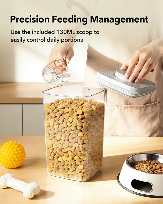 Dog Food Storage Container with One-Touch Lid, 4.22 QT / 4.0 L BPA-Free Cat Food Storage Container，Stackable Durable PET with 130ml Scoop, for Kibble, Treats, and Precise Feeding