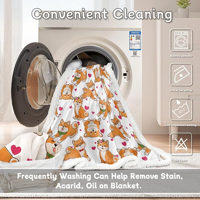 BlessLiving Cute Watercolor Dogs Pattern Fleece Blanket Shiba Inu Puppy Sherpa Reversible Throw Animal Print Plush Blanket (Queen, 90 x 90 Inches)