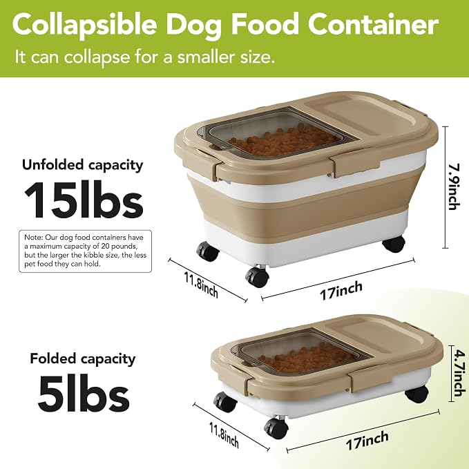 Summark Ca15 Lbs Dog/Cat Food Storage Container,Collapsible Food Storage Containers with Rolling Wheel Airtight Locking Lid,Pet Food Storage Container with Cup and Scoop,Khaki