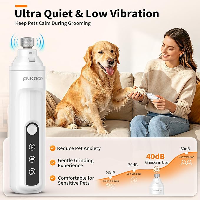 Dog Nail Grinder Whisper-Quiet Electric Cat Nail Trimmer with Light | 3 Grinding Bits, Smart Display, Low Vibration, Stress-Free Nail Grooming for Pets with Claw, No Over-Cutting, Rechargeable