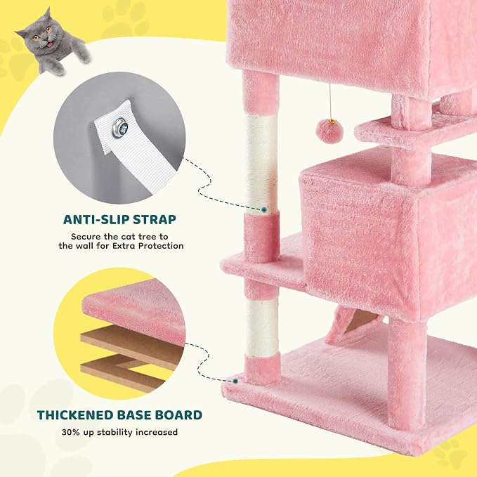 Sweetcrispy 54-inch Cat Tree Tower with Scratching Posts, Indoor Use | Multi Level Indoor Cat Tree Condo with Climbing Ladder, Plush Toy, Play House for Kitten, Pink