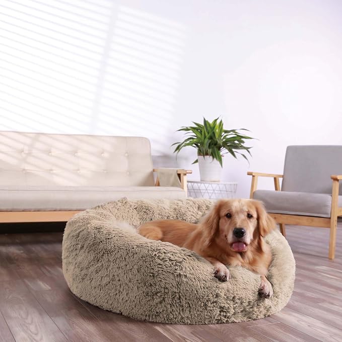 HACHIKITTY Calming Donut Cuddler Dog Bed, Round Fluffy Pet Bed with Sewn-in Cushion for Large Dogs,Washable, Taupe, XLarge 36''