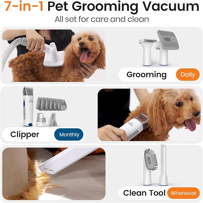 oneisall Dog Grooming Vacuum, Pet Grooming Vacuum with Clipper Nail Grinder, 1.5L Dust Cup Dog deshedding Brush with 7 Tools for Shedding Pet Hair, Home Cleaning(Blue) | 11kPa Strong Suction, 59dB Low Noise,Clipper & Nail Grinder Included, 7-in-1 Groom...