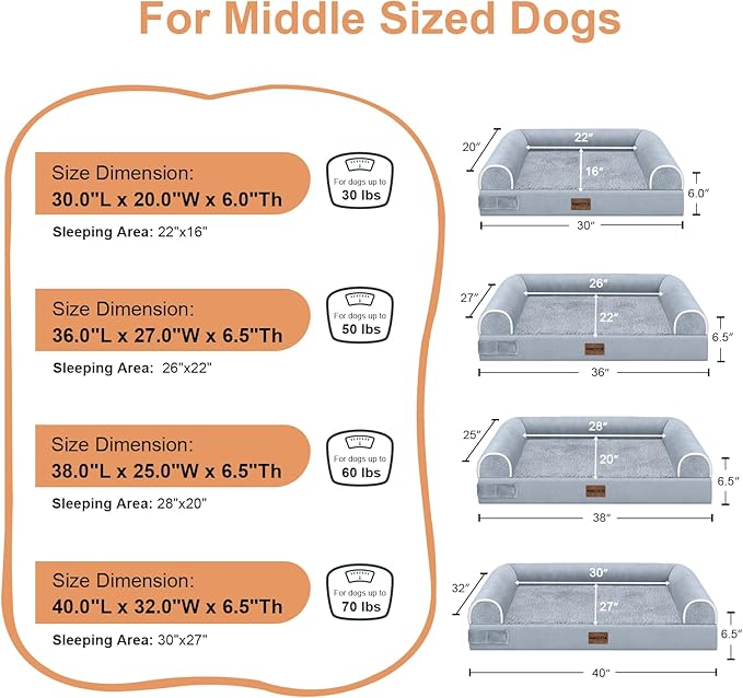 NANUYA Orthopedic Dog Bed for Medium Dogs, 30 x 20 Inch, Light Grey | Egg crate foam for joint support, 3-sided bolster pet sofa, waterproof lining, washable cover, and non-skid base