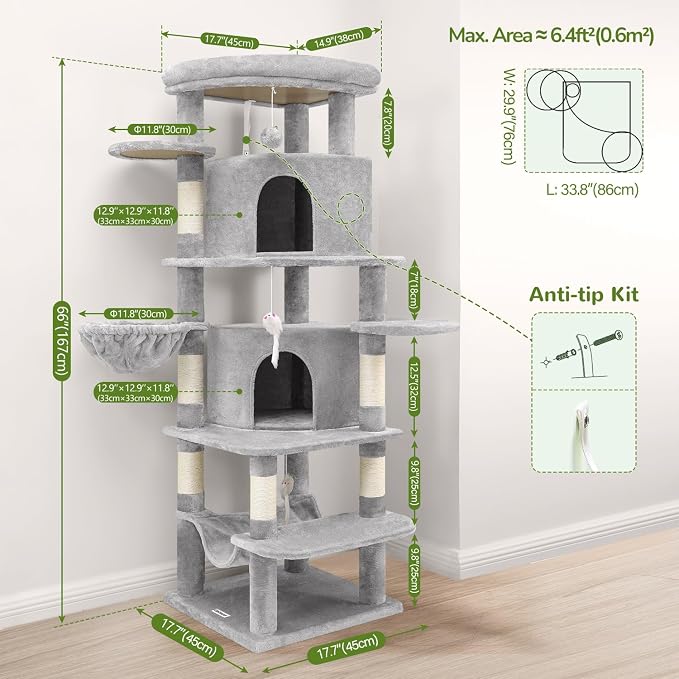 Globlazer 66in Corner Cat Tree Tower for Indoor Large Cat, C66, Light Grey | Space-Saving Stable Adult Cat Tower with 6 Scratching Posts, 2 Large Fan-shaped Condos & Top Perch, Hammock, Climbing Steps