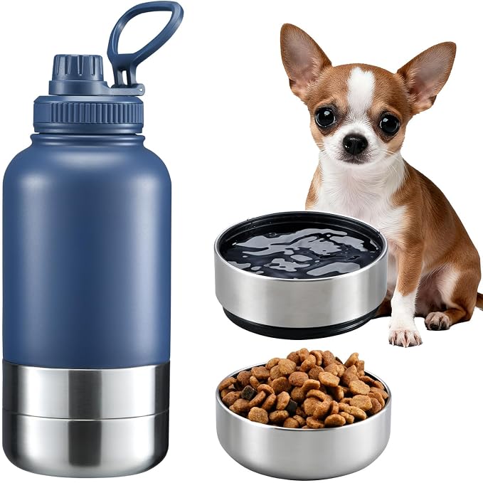 Cibaabo Insulated Dog Water Bottle with 2 Bowls, 32oz Travel Stainless Steel Double Wall Thermos, Portable Pet Dispenser, Gifts for Puppy Small Medium Dogs Walking Hiking and Camping