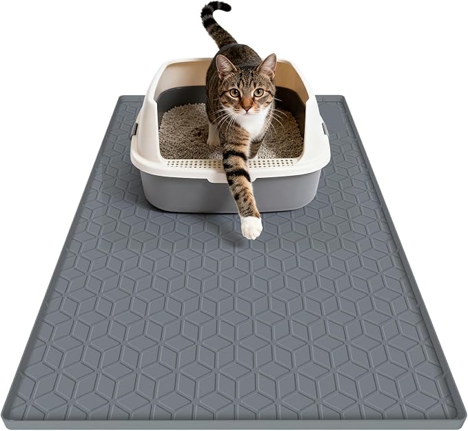 Cat Litter Mat Litter Trapping Mat, Silicone Cat Litter Box Mats for Floor, Non-Slip Litterbox Mat with Raised Edge, Easy Clean Pet Feeding Mat for Indoor Cats 34" X 22" Gray