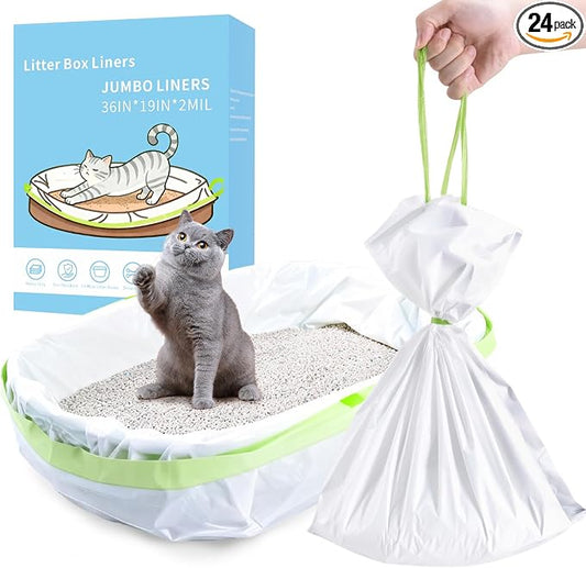 24 Count Jumbo Cat litter Box Liners, 36" x 19" Easy Clean Up Thick Large Kitty Litter Liner XL, Extra Large Heavy Duty Litter Pan Liner Bags with Drawstring for Pet Cat Litter Tray