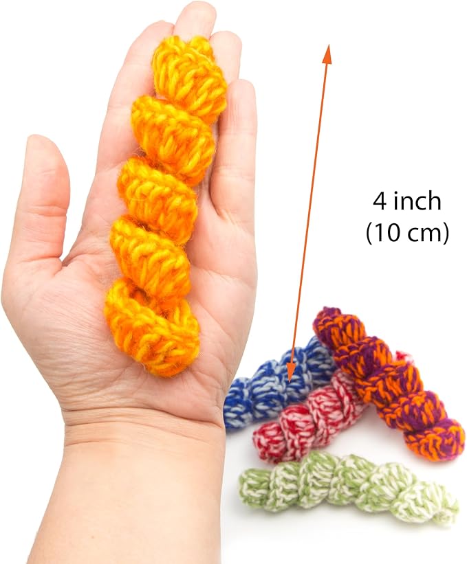 Glaciart One Crochet Spring Cat Toy – 5 Pcs Soft Fuzzy Enrichment 100% Natural Wool Yarn - Interactive Stretchable Play Cat Toy Set - Safe for Pets, Non-AZO Colored Dyes