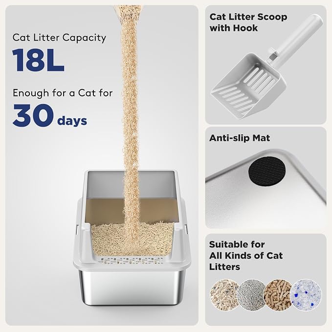FURTIME 2 Pack Stainless Steel Cat Litter Box with Lid, Metal Kitty Litter Box for Small Cats, Kitten Litter Boxs with Non-Sticky, Anti-Leakage, Easy to Clean, 17"x13"x8.4" (Small)