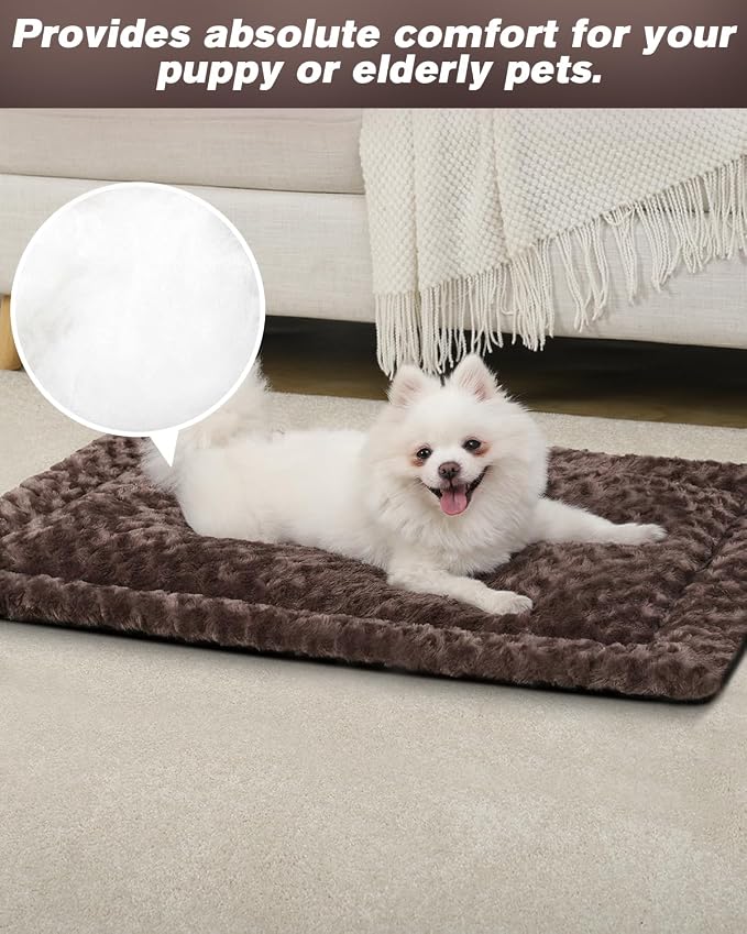 Exsnugy Washable Dog Bed Mat Medium Size Fluffy Pet Crate Pad 30x19 | Non-Slip Bottom Kennel Beds Ultra Soft Comfy Sleeping Mattress for Large Medium Small Dogs Brown