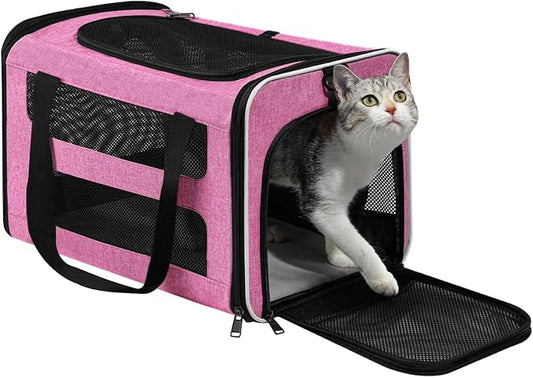 Cat Carrier Soft-Sided Travel Bag for Medium to Large Cats Over 15lbs, Small Dog Carrier Crate Top Entry Breathable Mesh Puppy 12 Pounds, Pet Rabbit Carrying Cage Kennel Collapsible Pink