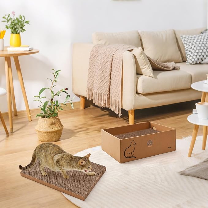 AUSCAT Cat Scratcher Box with 6PCS Cat Scratching Board, Cardboard Cat Scratchers for Indoor Cats, Reversible Cat Scratch Pads for Small Medium Kittens, 14.6" L x 10.7" W x 5.2" H