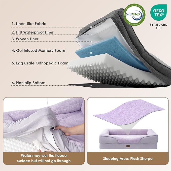 EHEYCIGA Orthopedic Dog Bed for Large Sized Dog, 36x27 Inch Large Memory Foam Dog Couch Bed with Sides, Waterproof Liner & Washable Removable Cover, Bolster Pet Sofa, Purple