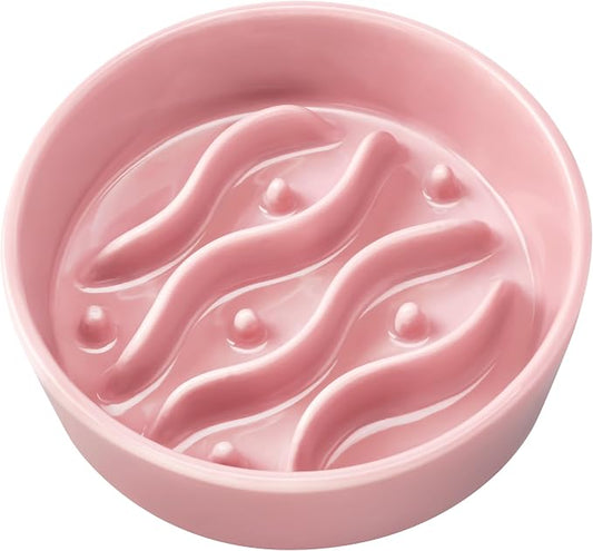 Ceramic Slow Feeder Dog Bowls for Small Dogs, 0.6 Cup Dog Slow Feeder for Fast Eater, Puzzle Maze Bowl, 14oz, 6in, Salmon Pink