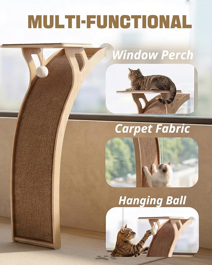JKXJKX 47" Floor Standing Cat Window Perch with Curved Scratching Ramp, 80 Lbs Heavy Duty Window Bed Seat with Suction Cups, Furniture for Large Cats Indoor Bird Watching