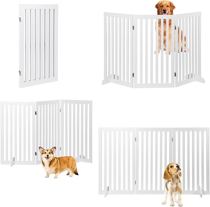 ZENY 36" H Pet Dog Gate, Foldable Freestanding Dog Door 3 Panel, Wooden Z Shape Step Over Pet Fence for Entryway, Stairs, Doorway, White