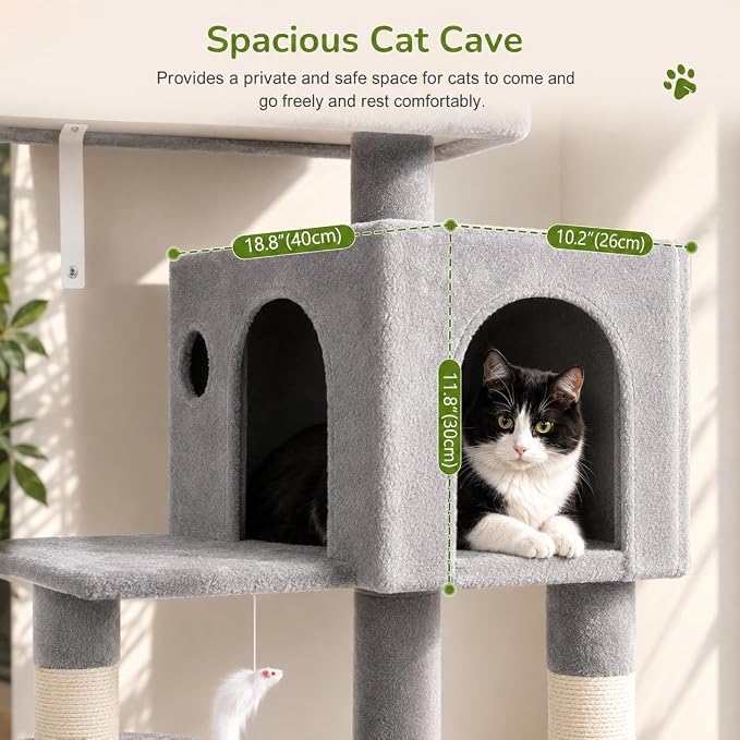 Globlazer Cat Tree Tower with Scratching Post for Indoor Cats, 53inch Tall Plush Multi-Level Cat Climbing Tower Condo House with Large Hammock, Spacious Cat Cave, Padded Top Perch Bed, F53, Light Gray