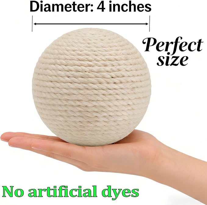 4-Inch Sisal Cat Toy Balls with Crinkle Sound | Indoor Cat Toys for Teething, Claw Sharpening & Play | Large Size Prevents Rolling Under Furniture(White)