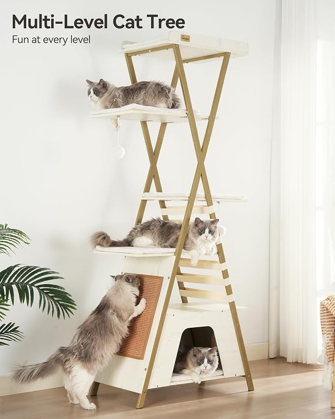 72.4" Cat Tree, Modern Cat Tower for Indoor Cats, Multi-Level Cat Condo with Caves, Tall Cat Tree with Cat Scratching Board, Wooden Cat Tower with Large Perch, Removable Pads, White