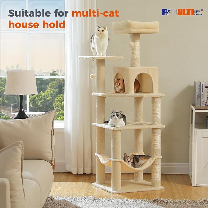 PEQULTI 56.3'' Cat Tree for Indoor Cats, Multi-Level Cat Tower with 2 Top Perch, Cat Condo, Hammock and Sisal-Covered Scratching Post, Beige