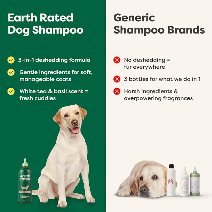 Earth Rated Deshedding Dog Shampoo, Hypoallergenic 3-in-1, Shampoo & Conditioner for Dogs & Puppies, Deodorizing, 98.5% Natural Origin Ingredients, 16 oz