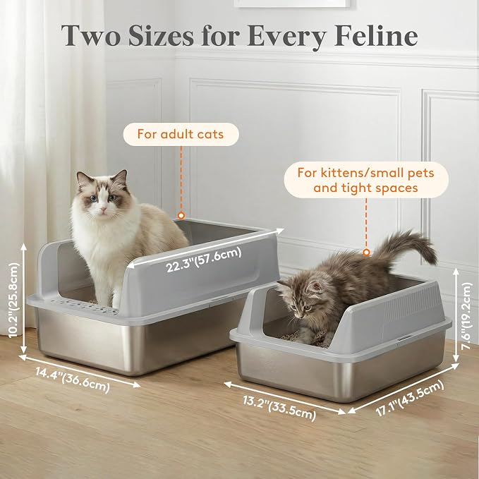 Lifewit Small Stainless Steel Cat Litter Box, Metal Kitty Litter Tray with Non-Slip Pads, Anti-Leakage Top Entry and High Sided, Grey