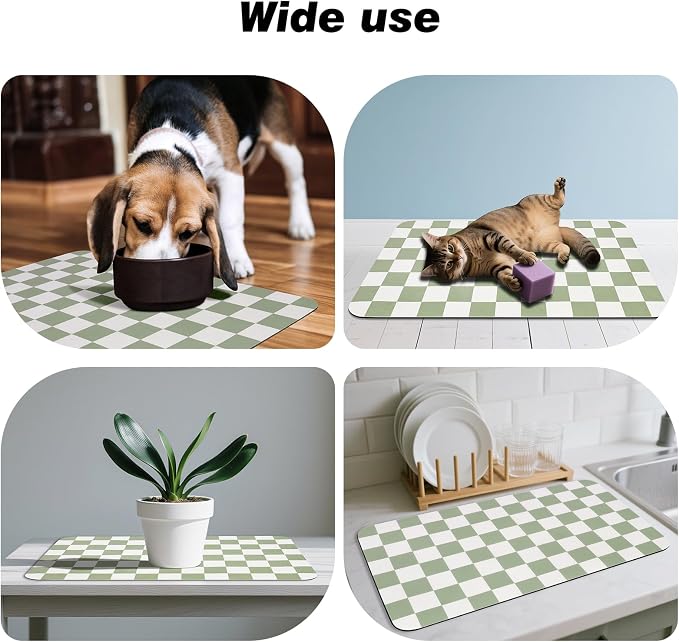 CooRug Checkered Dog Food Mat, Pet Feeding Mat 24" L x 16" W, Green | Absorbent, Leak-Proof, Anti-slip, Quick Dry, Eco-friendly Materials, Easy to clean and store, For Messy Drinkers