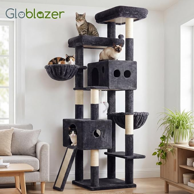 Globlazer Tall Cat Tower Extra Large Cat Tree House, S77D, Dark Grey | 77 inch Cat Climbing Tower for Indoor Cats Large Adults with 5 Scratching Posts, 2 Cat Condos, 2 Platforms