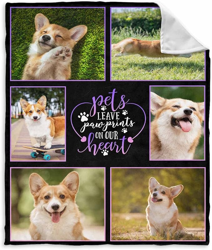 Personalized Dog Pet Memory Blankets with Beloved Photo Pet Leave Paw Prints in Our Heart Custom Loss of Loved one Memorial Blanket Gift for Dogs Cats Pets Lovers 50X60 Inch