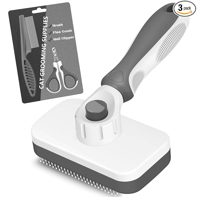 3PCS Cat Grooming Supplies, Cat Brush & Nail Clipper/Trimmer & Flea Comb for Shedding Indoor Cats Essentials Stuff Accessories (Grey)