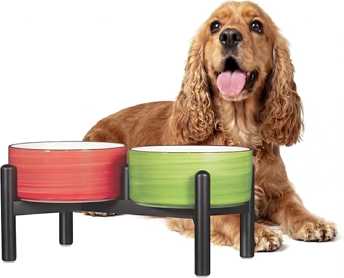 Ceramic Elevated Dog Bowl Set, 6.1''Raised Dog Food and Water Bowl Set with Non-Slip Stainless Steel Stand, Double Raised Dish for Small and Medium Breed, 3.5 Cups / 22 Fl Oz,- Christmas Set