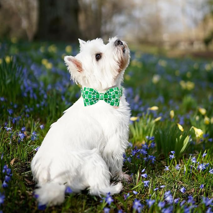 DOGWONG St.Patrick's Day Dog Collar Green Clovers Plaid Bowtie Dog Necklace Adjustable Dog Collar Bow Tie for Small Medium Large Dogs